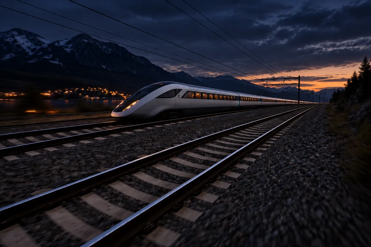 Un train à grande vitesse longe une vallée de montagne au coucher du soleil